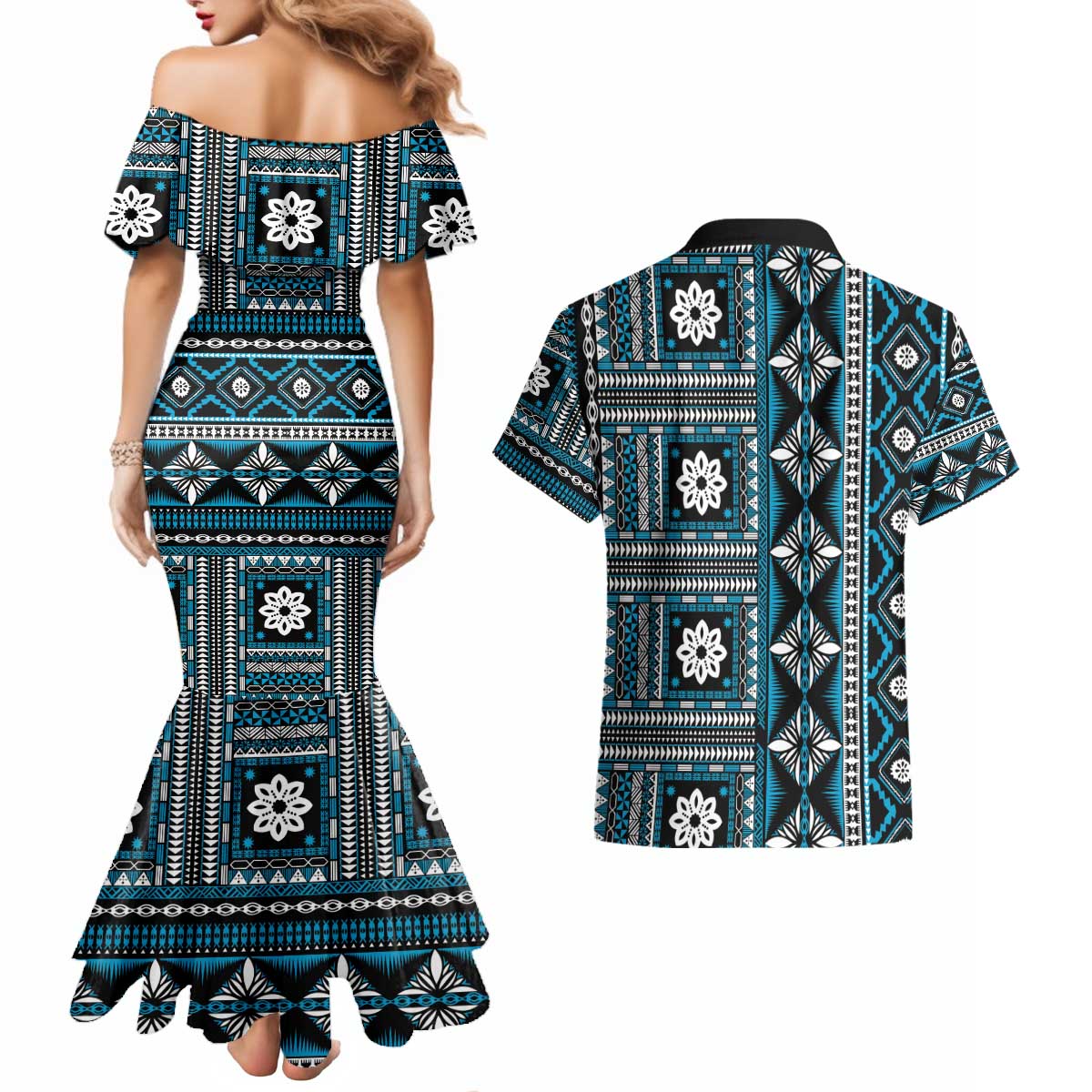 Fiji Masi Tapa Pattern Blue Couples Matching Mermaid Dress and Hawaiian Shirt LT01 - Polynesian Pride