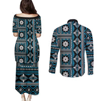 Fiji Masi Tapa Pattern Blue Couples Matching Puletasi and Long Sleeve Button Shirt - Polynesian Pride