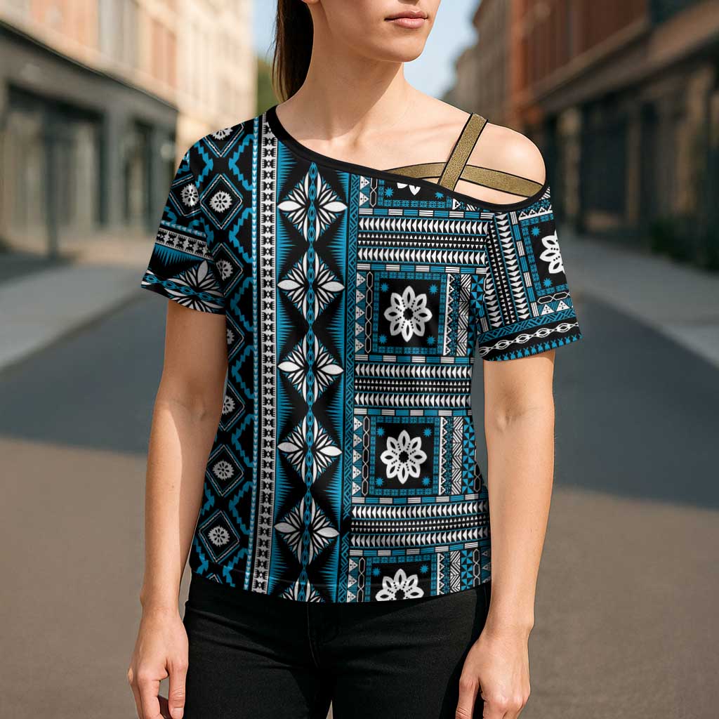 Fiji Masi Tapa Pattern Blue Cross Shoulder Shirt - Polynesian Pride