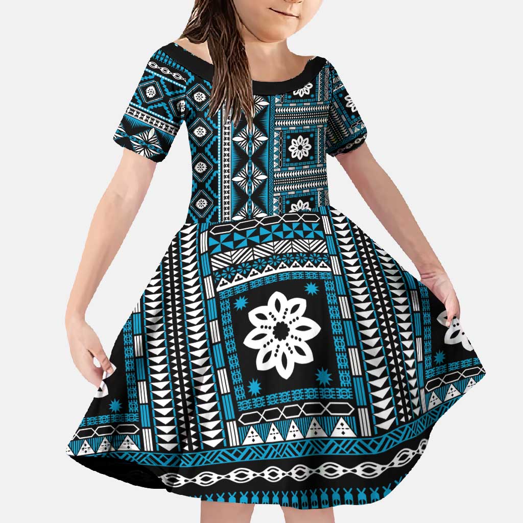 Fiji Masi Tapa Pattern Blue Family Matching Long Sleeve Bodycon Dress and Hawaiian Shirt - Polynesian Pride