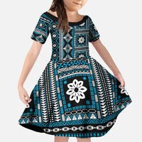 Fiji Masi Tapa Pattern Blue Family Matching Long Sleeve Bodycon Dress and Hawaiian Shirt - Polynesian Pride