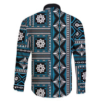 Fiji Masi Tapa Pattern Blue Family Matching Off The Shoulder Long Sleeve Dress and Hawaiian Shirt - Polynesian Pride