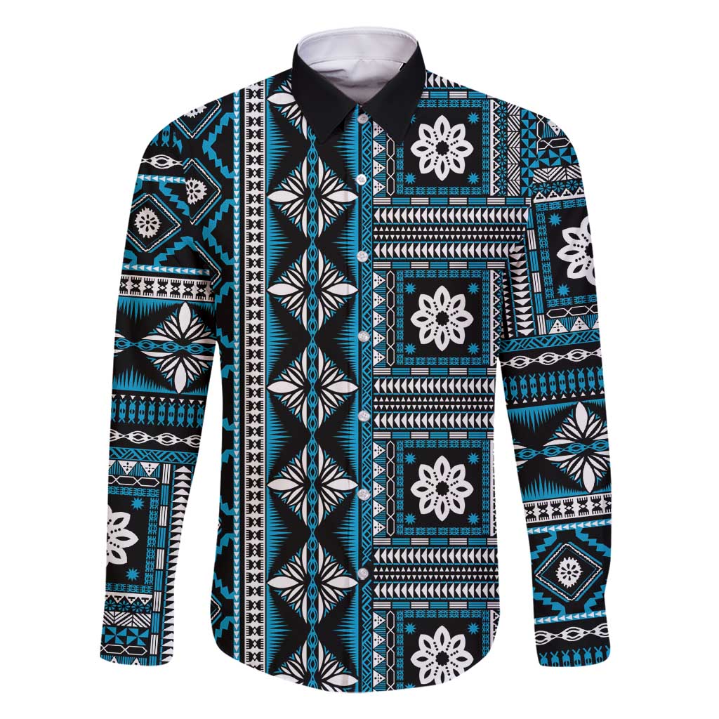 Fiji Masi Tapa Pattern Blue Family Matching Off Shoulder Maxi Dress and Hawaiian Shirt - Polynesian Pride