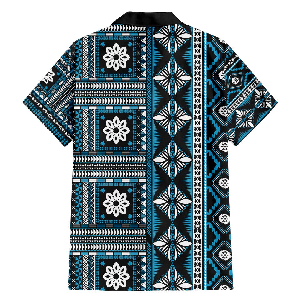 Fiji Masi Tapa Pattern Blue Family Matching Off Shoulder Short Dress and Hawaiian Shirt - Polynesian Pride