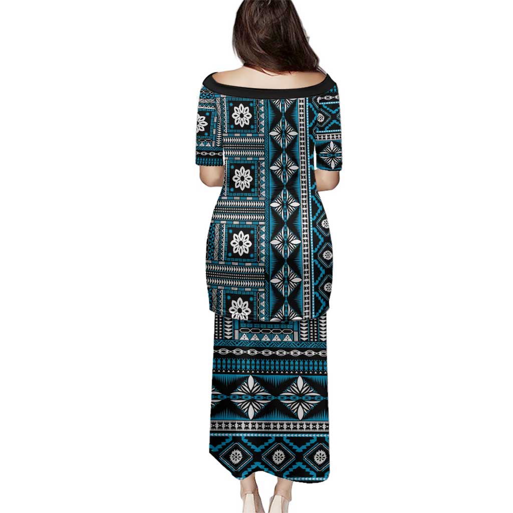 Fiji Masi Tapa Pattern Blue Family Matching Puletasi and Hawaiian Shirt - Polynesian Pride