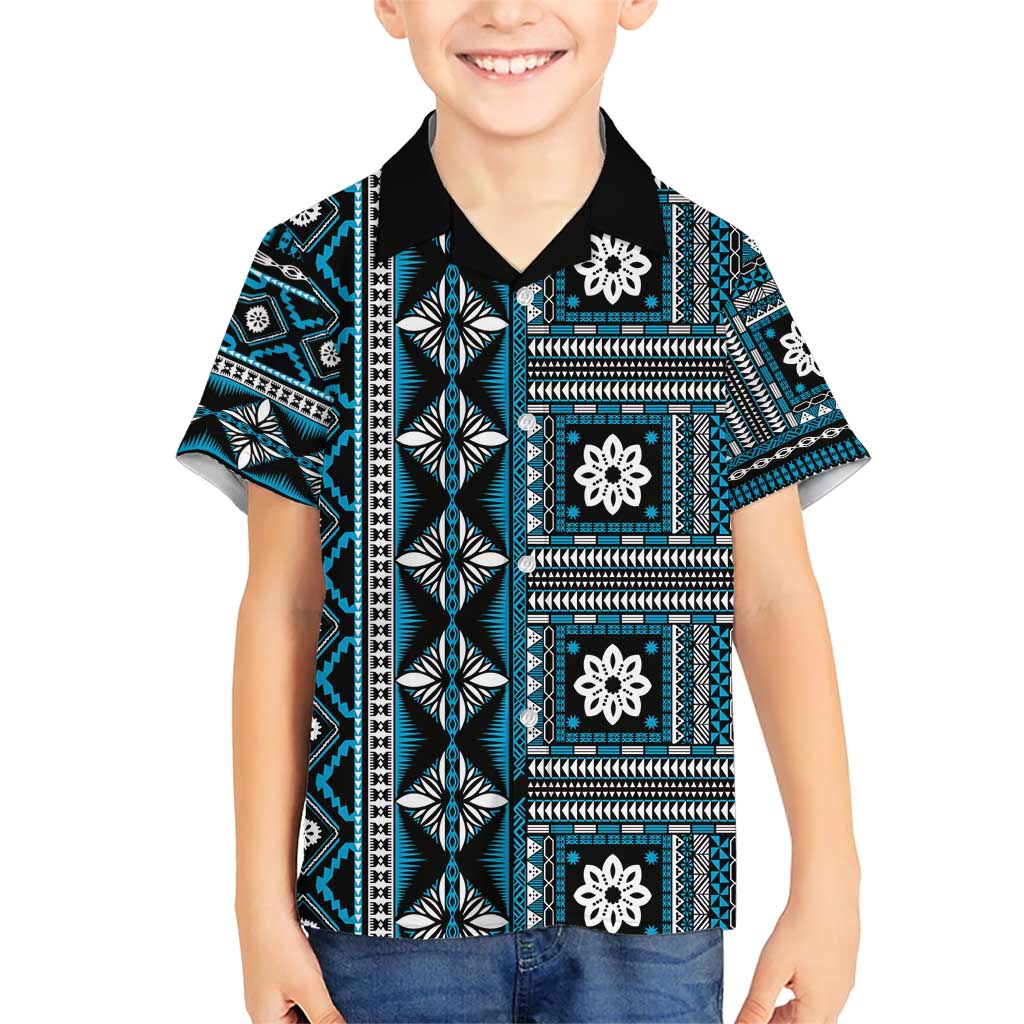 Fiji Masi Tapa Pattern Blue Family Matching Short Sleeve Bodycon Dress and Hawaiian Shirt - Polynesian Pride