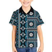 Fiji Masi Tapa Pattern Blue Family Matching Short Sleeve Bodycon Dress and Hawaiian Shirt - Polynesian Pride