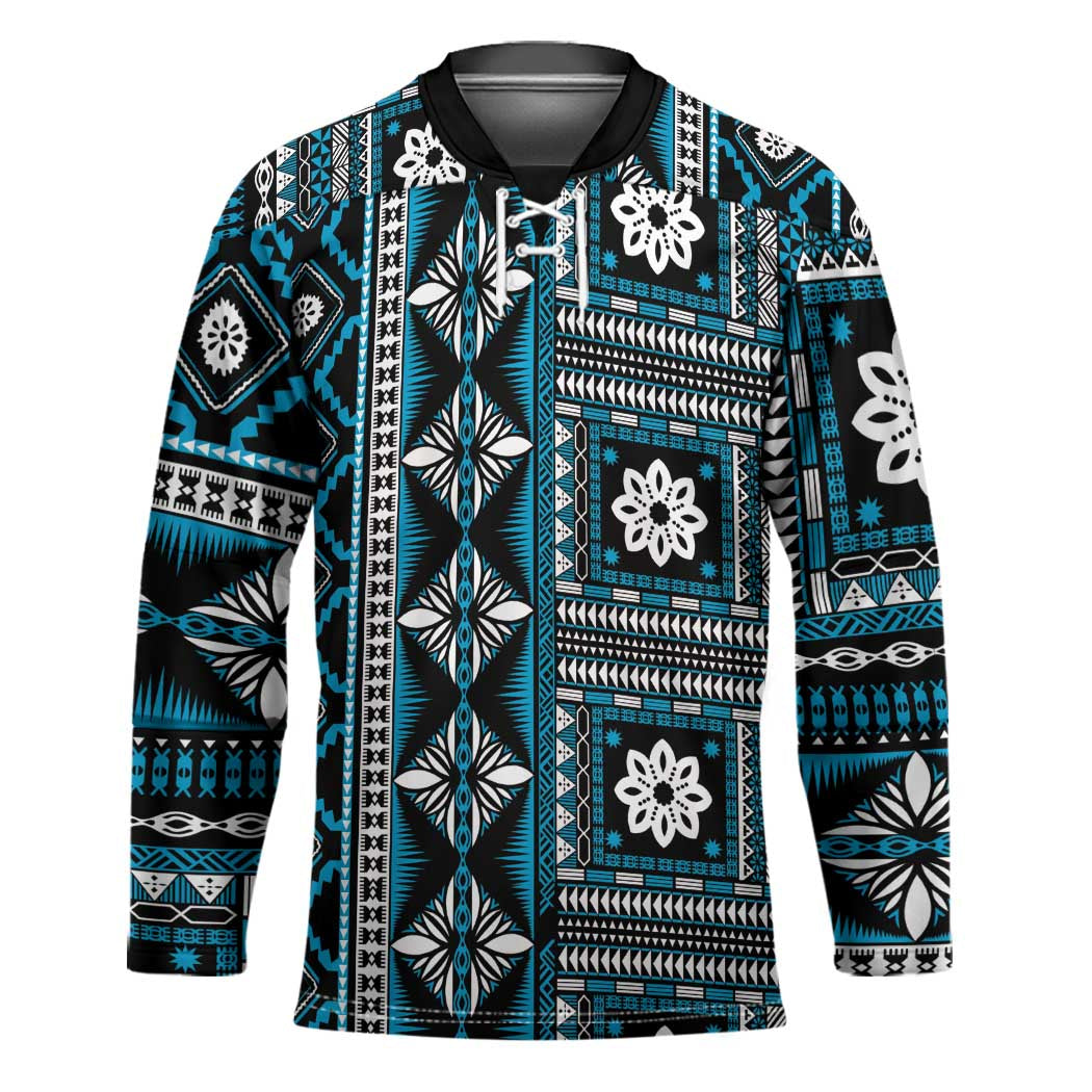 Fiji Masi Tapa Pattern Blue Hockey Jersey - Polynesian Pride