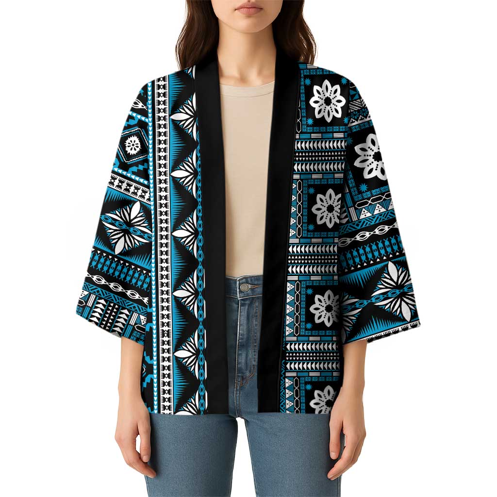 Fiji Masi Tapa Pattern Blue Kimono - Polynesian Pride