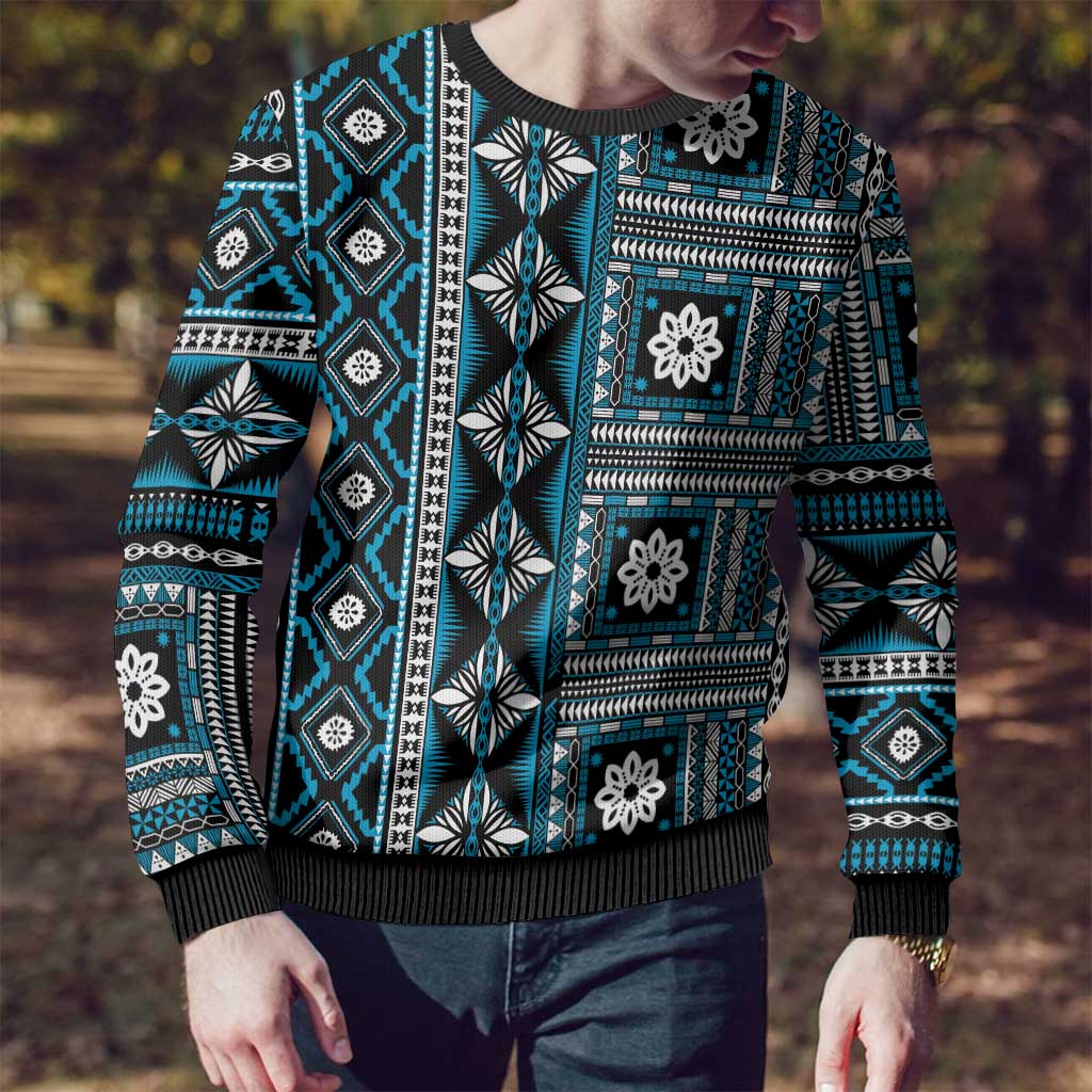 Fiji Masi Tapa Pattern Blue Ugly Christmas Sweater - Polynesian Pride