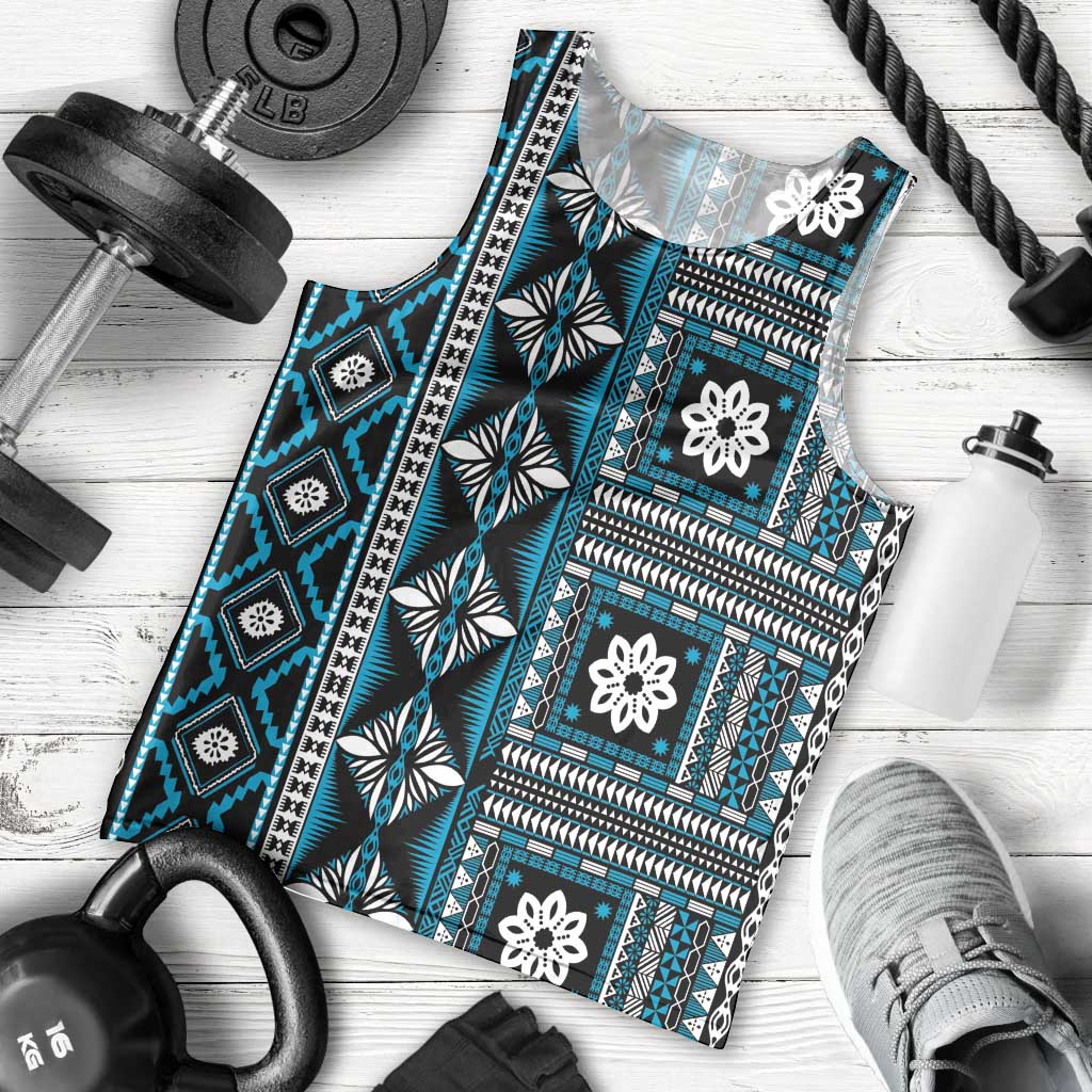 Fiji Masi Tapa Pattern Blue Men Tank Top - Polynesian Pride