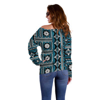 Fiji Masi Tapa Pattern Blue Off Shoulder Sweater - Polynesian Pride