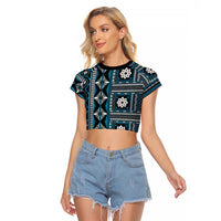 Fiji Masi Tapa Pattern Blue Raglan Cropped T Shirt - Polynesian Pride