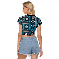 Fiji Masi Tapa Pattern Blue Raglan Cropped T Shirt - Polynesian Pride
