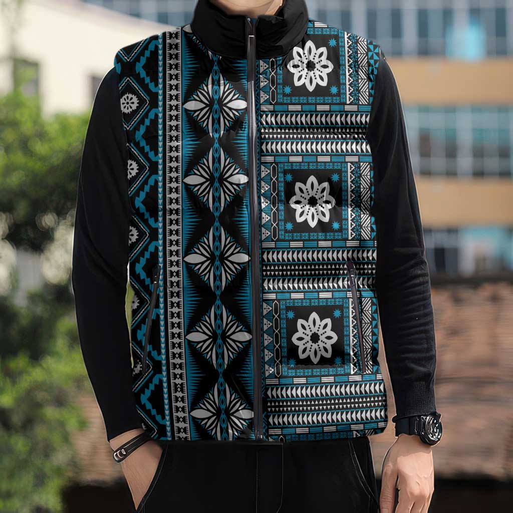 Fiji Masi Tapa Pattern Blue Sleeveless Puffer Jacket - Polynesian Pride