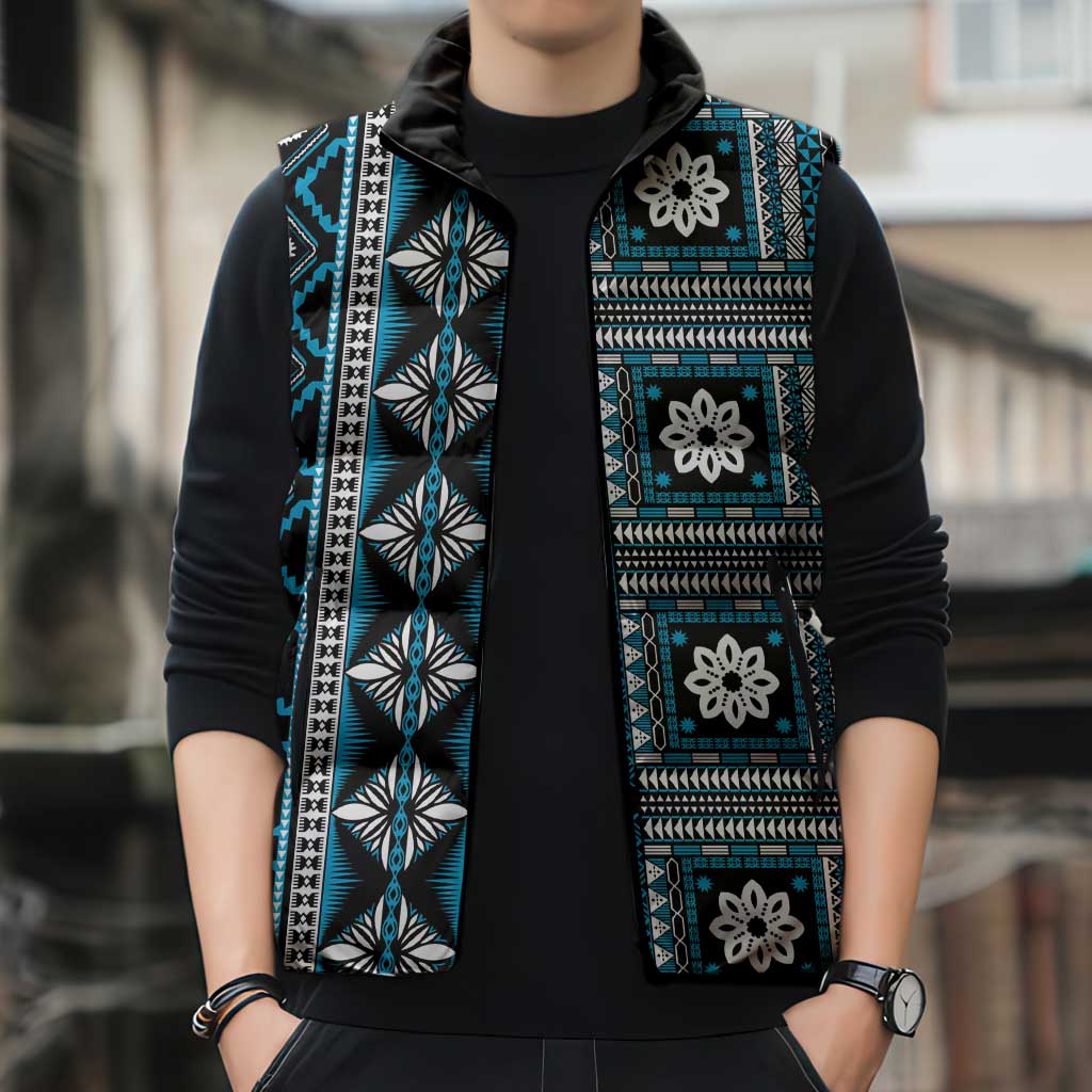 Fiji Masi Tapa Pattern Blue Sleeveless Puffer Jacket - Polynesian Pride