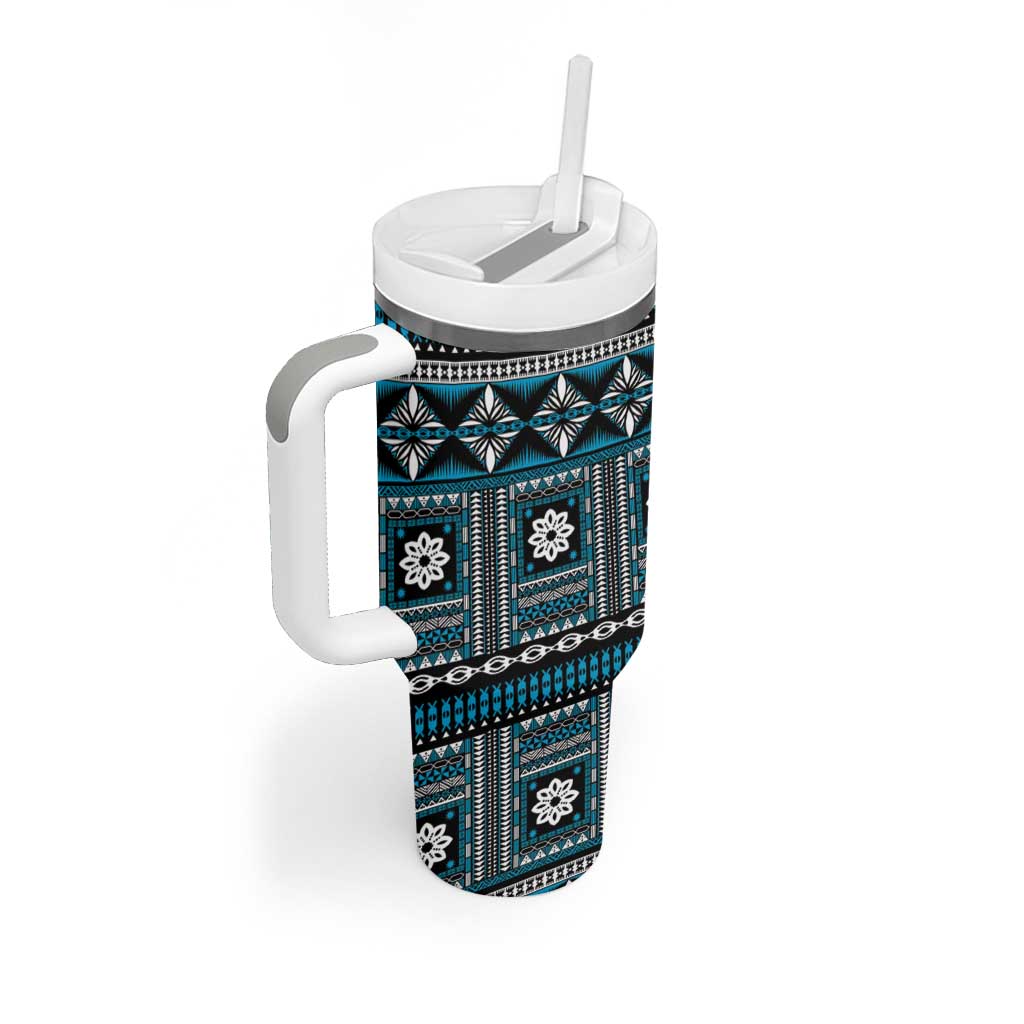 Fiji Masi Tapa Pattern Blue Tumbler With Handle - Polynesian Pride