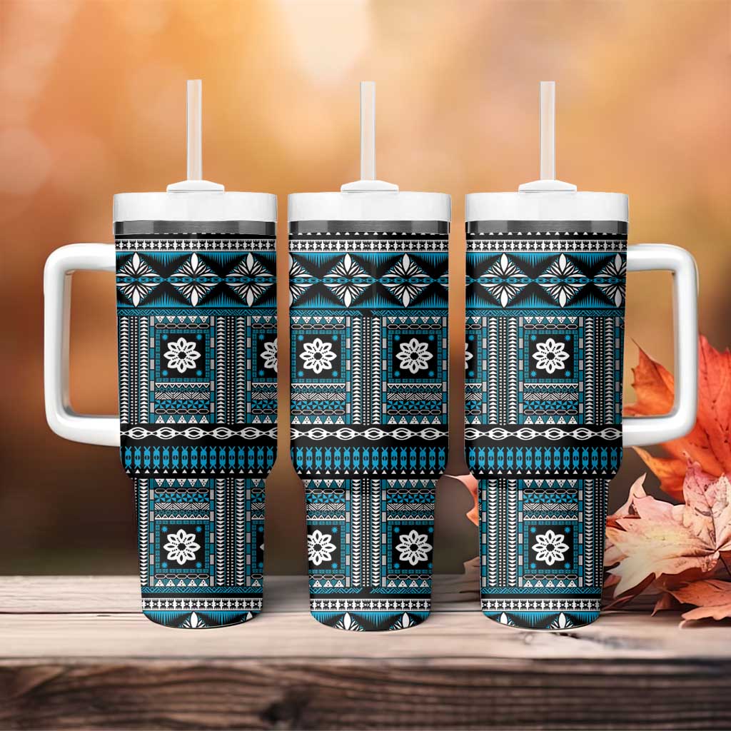 Fiji Masi Tapa Pattern Blue Tumbler With Handle - Polynesian Pride