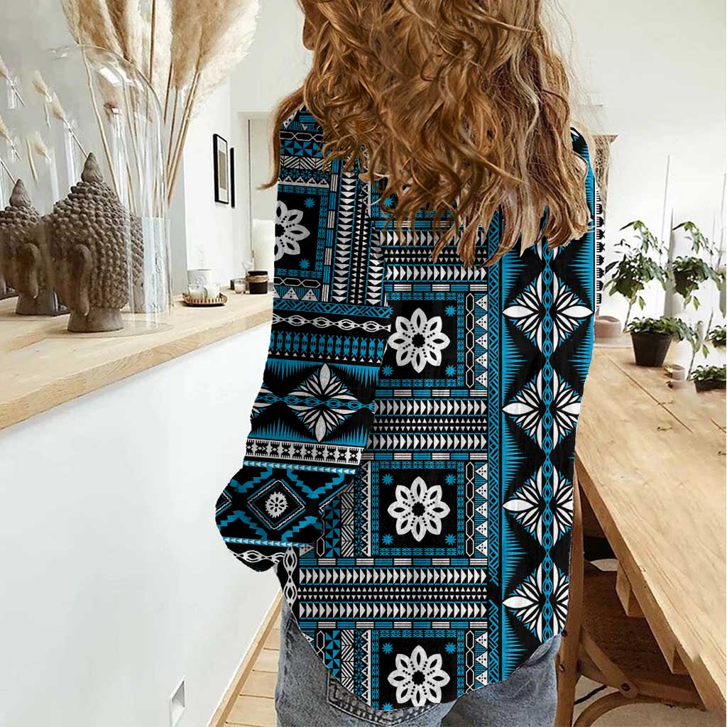 Fiji Masi Tapa Pattern Blue Women Casual Shirt - Polynesian Pride