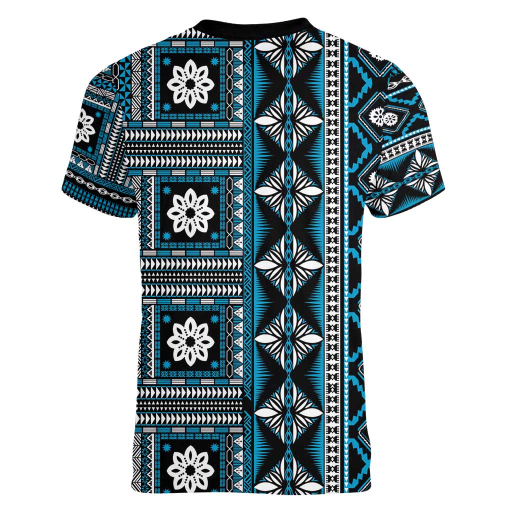 Fiji Masi Tapa Pattern Blue Women V-Neck T-Shirt - Polynesian Pride