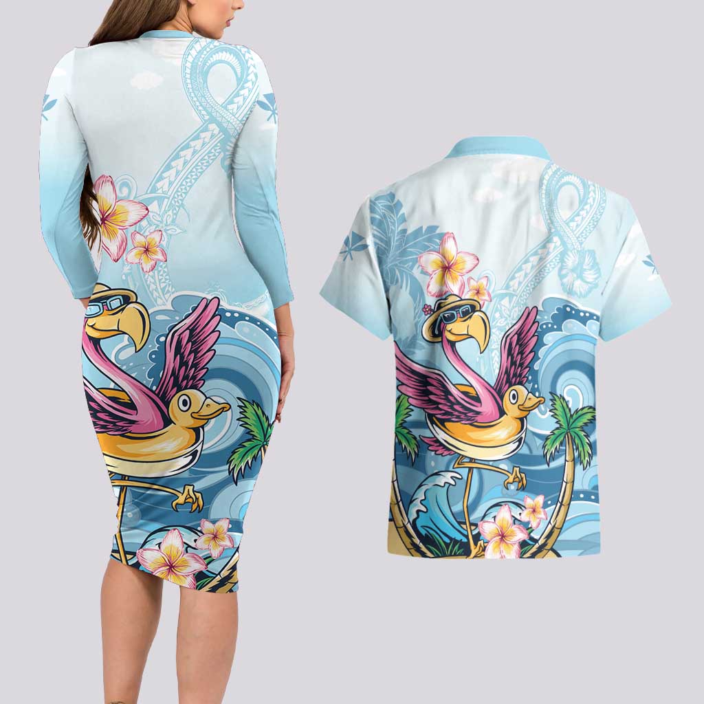 Hawaii Flamingo Couples Matching Long Sleeve Bodycon Dress and Hawaiian Shirt Plumeria Tropical Beach LT01 - Polynesian Pride