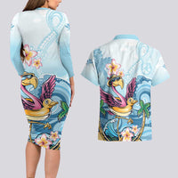 Hawaii Flamingo Couples Matching Long Sleeve Bodycon Dress and Hawaiian Shirt Plumeria Tropical Beach LT01 - Polynesian Pride