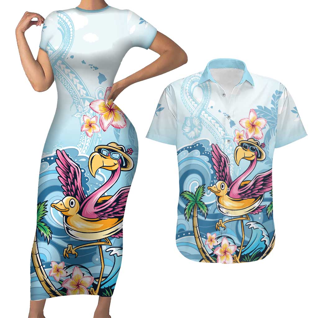 Hawaii Flamingo Couples Matching Short Sleeve Bodycon Dress and Hawaiian Shirt Plumeria Tropical Beach LT01 Blue - Polynesian Pride