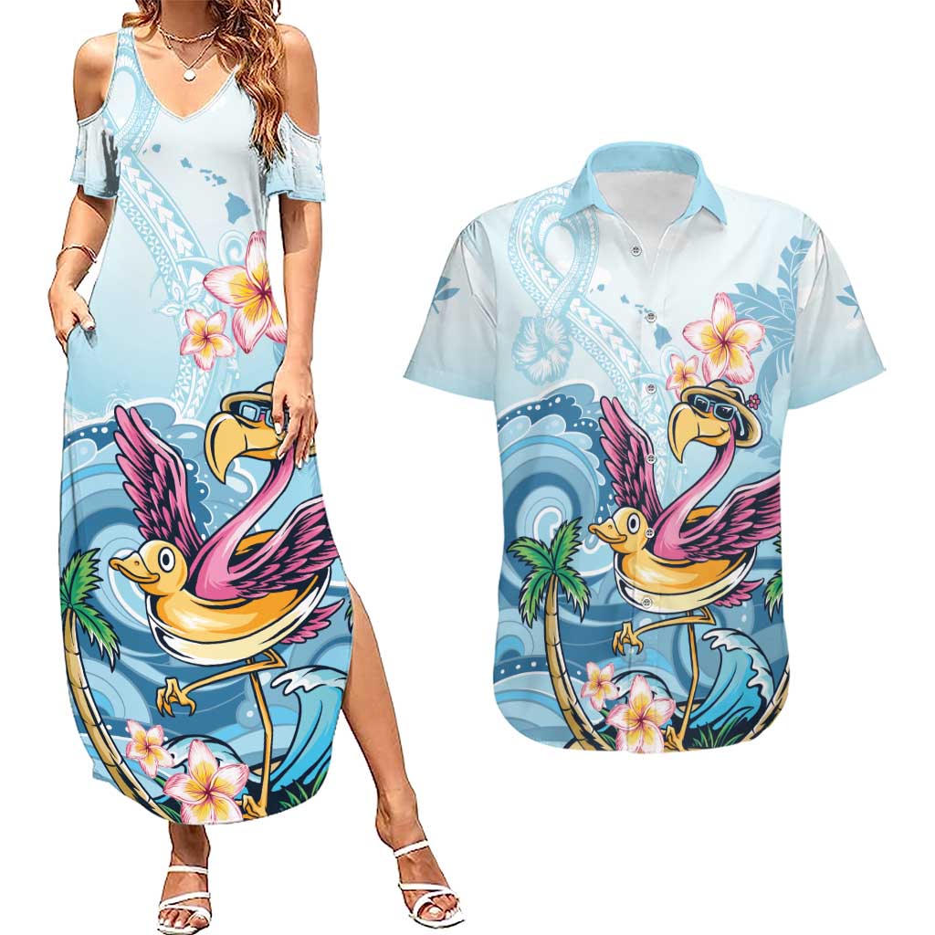 Hawaii Flamingo Couples Matching Summer Maxi Dress and Hawaiian Shirt Plumeria Tropical Beach