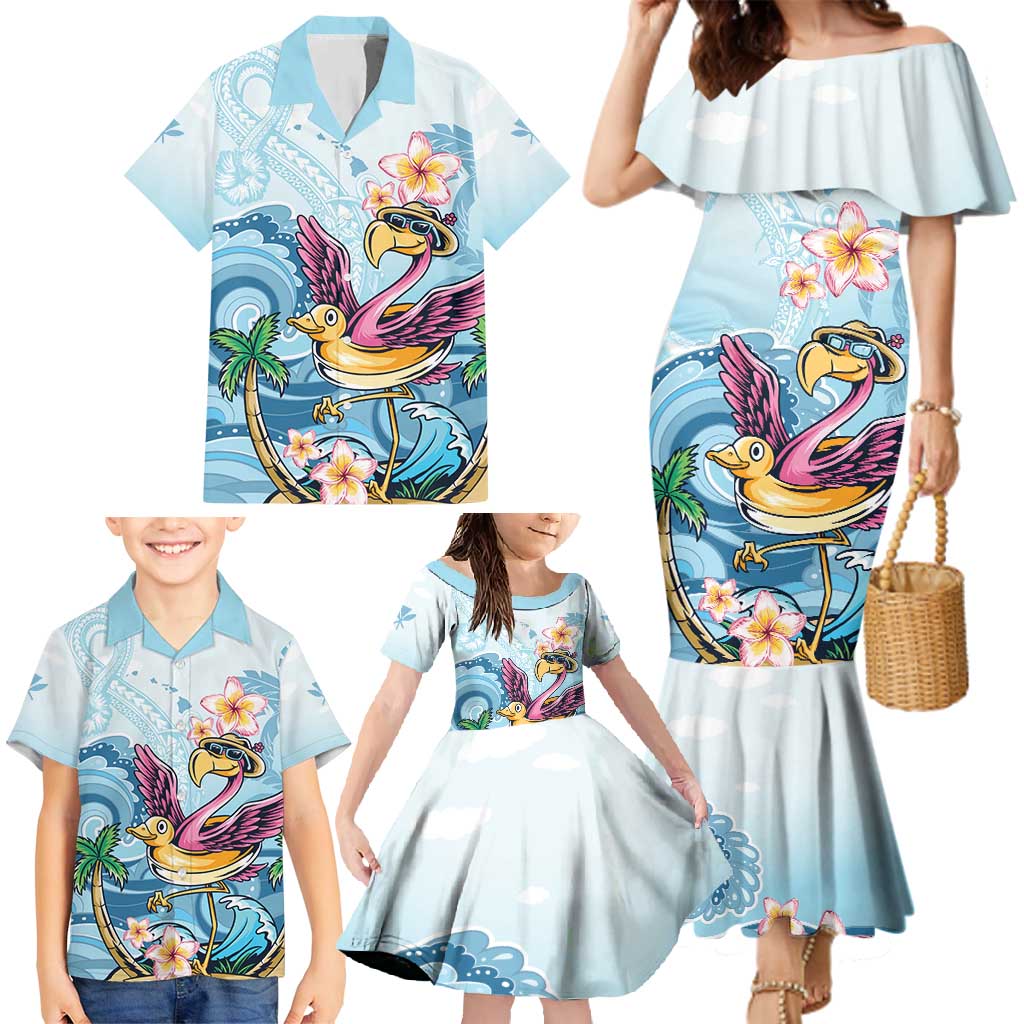Hawaii Flamingo Family Matching Mermaid Dress and Hawaiian Shirt Plumeria Tropical Beach
