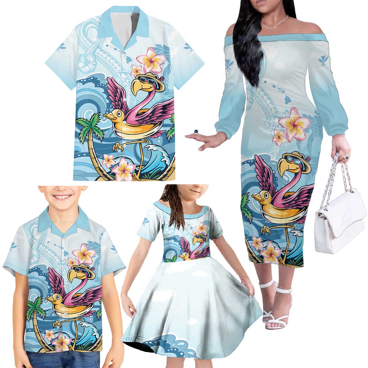 Hawaii Flamingo Family Matching Off The Shoulder Long Sleeve Dress and Hawaiian Shirt Plumeria Tropical Beach LT01 - Polynesian Pride