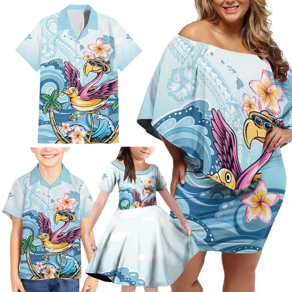 Hawaii Flamingo Family Matching Off Shoulder Short Dress and Hawaiian Shirt Plumeria Tropical Beach LT01 - Polynesian Pride
