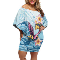 Hawaii Flamingo Family Matching Off Shoulder Short Dress and Hawaiian Shirt Plumeria Tropical Beach LT01 Mom's Dress Blue - Polynesian Pride
