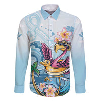 Hawaii Flamingo Family Matching Puletasi and Hawaiian Shirt Plumeria Tropical Beach LT01 Dad's Shirt - Long Sleeve Blue - Polynesian Pride