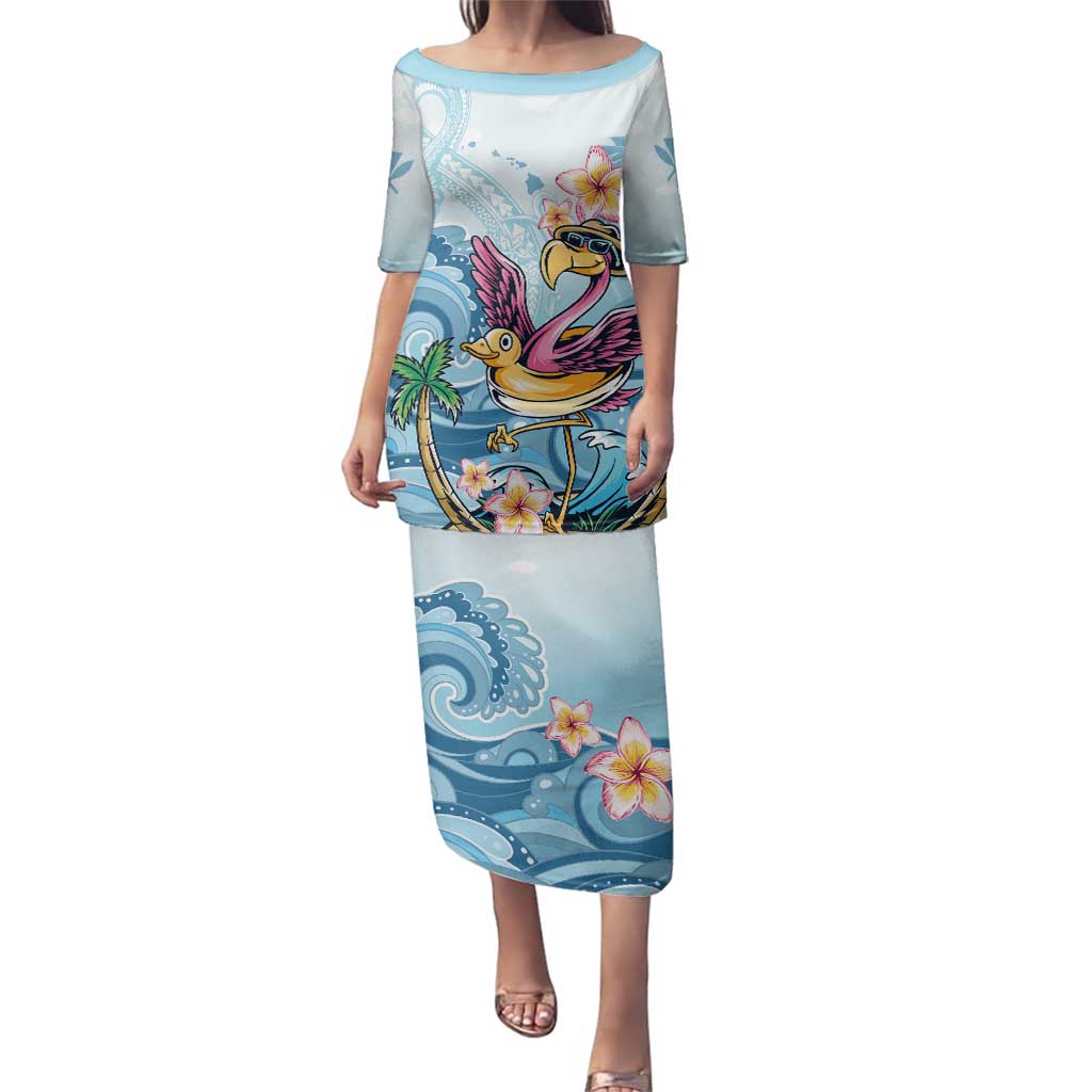 Hawaii Flamingo Family Matching Puletasi and Hawaiian Shirt Plumeria Tropical Beach LT01 Mom's Dress Blue - Polynesian Pride