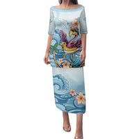 Hawaii Flamingo Family Matching Puletasi and Hawaiian Shirt Plumeria Tropical Beach LT01 Mom's Dress Blue - Polynesian Pride