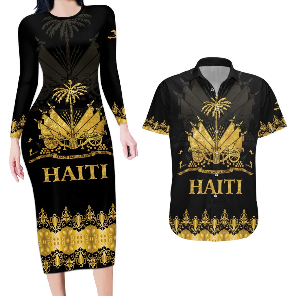 Haiti Neg Marron Gold Couples Matching Long Sleeve Bodycon Dress and Hawaiian Shirt Lespwa pa anyen san aksyon LT01 Gold - Polynesian Pride