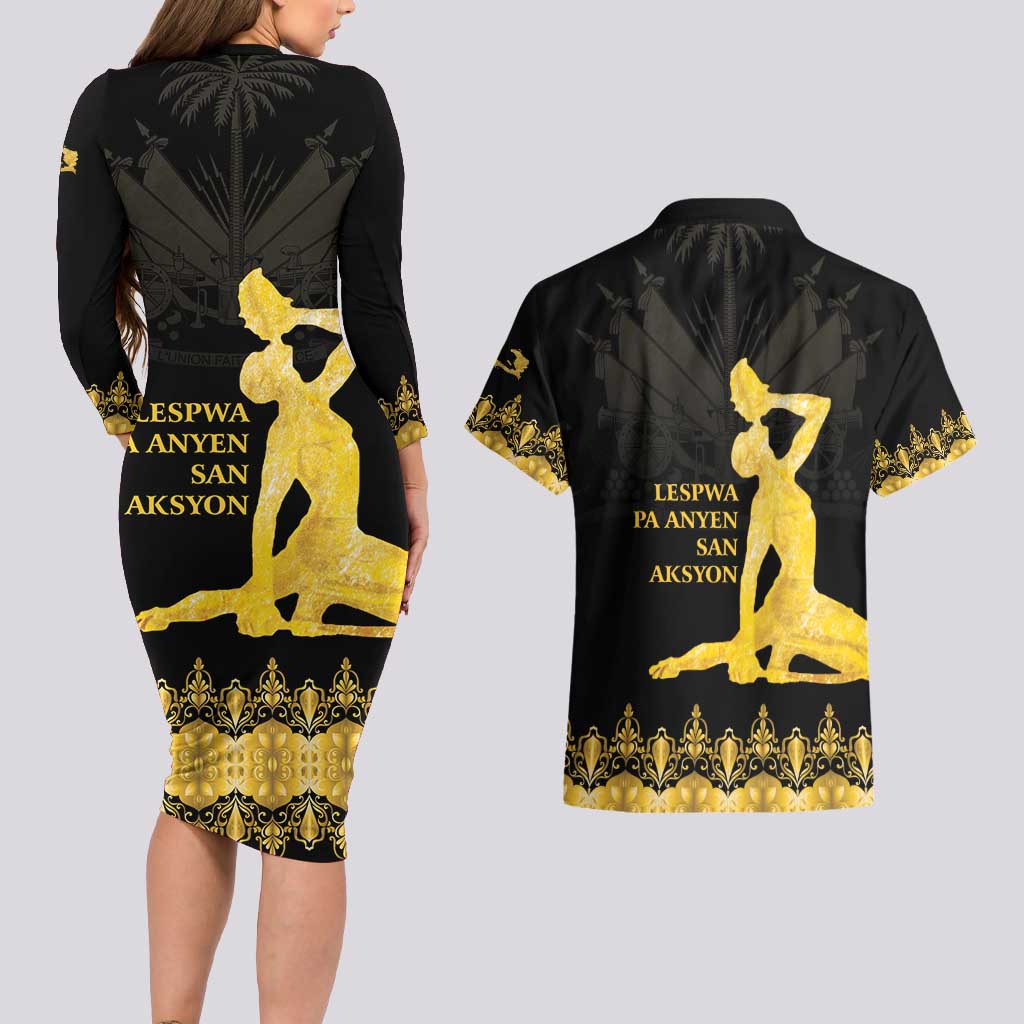 Haiti Neg Marron Gold Couples Matching Long Sleeve Bodycon Dress and Hawaiian Shirt Lespwa pa anyen san aksyon LT01 - Polynesian Pride
