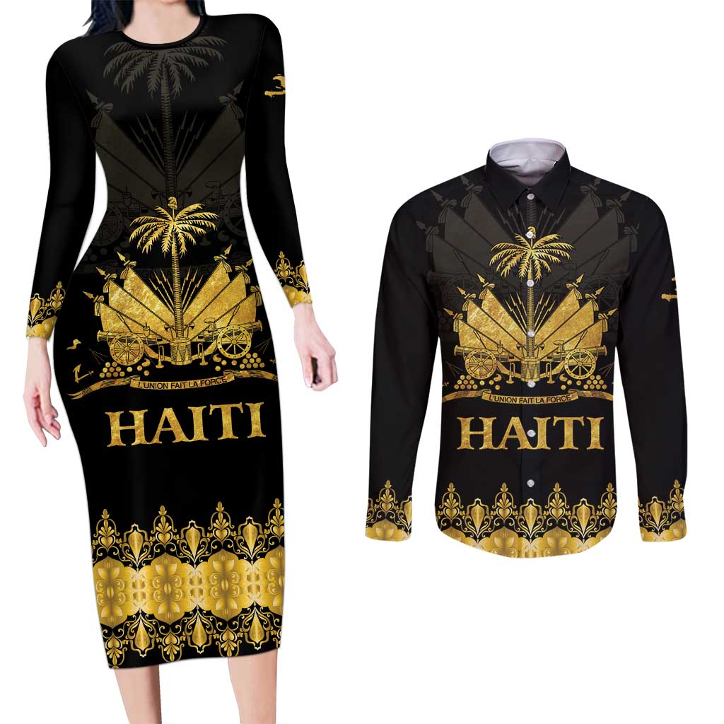 Haiti Neg Marron Gold Couples Matching Long Sleeve Bodycon Dress and Long Sleeve Button Shirt Lespwa pa anyen san aksyon LT01 Gold - Polynesian Pride