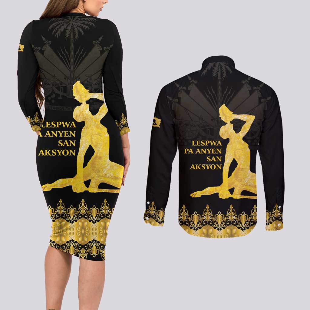 Haiti Neg Marron Gold Couples Matching Long Sleeve Bodycon Dress and Long Sleeve Button Shirt Lespwa pa anyen san aksyon LT01 - Polynesian Pride