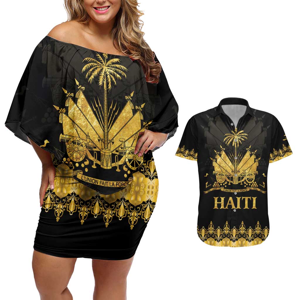 Haiti Neg Marron Gold Couples Matching Off Shoulder Short Dress and Hawaiian Shirt Lespwa pa anyen san aksyon LT01 Gold - Polynesian Pride