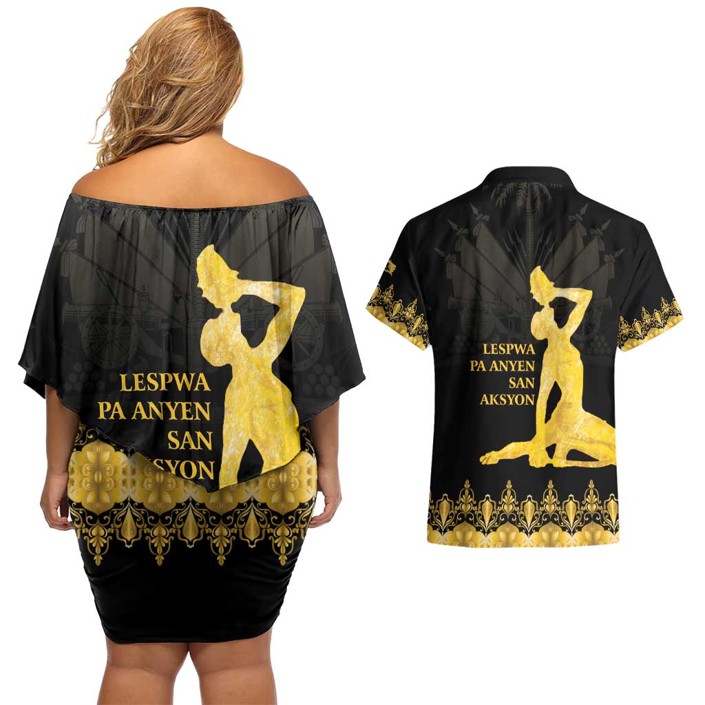 Haiti Neg Marron Gold Couples Matching Off Shoulder Short Dress and Hawaiian Shirt Lespwa pa anyen san aksyon LT01 - Polynesian Pride