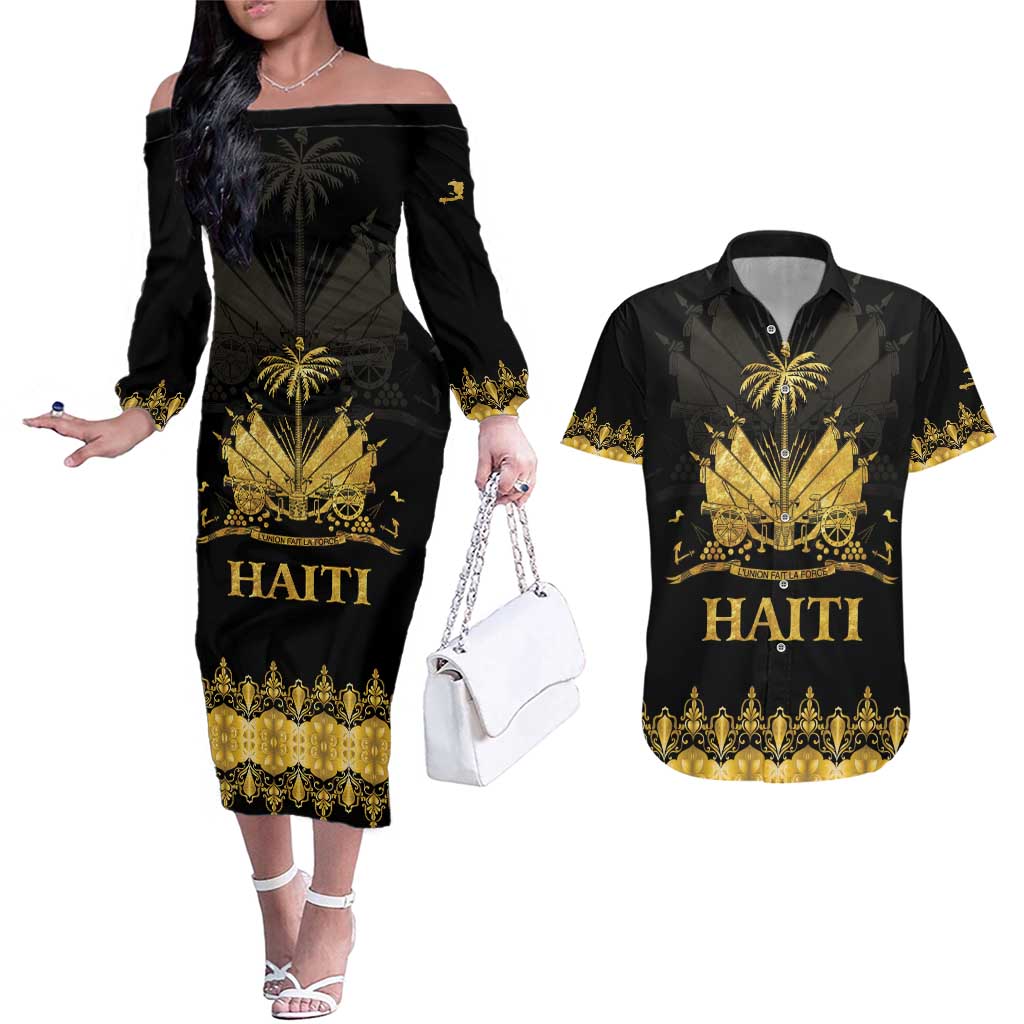 Haiti Neg Marron Gold Couples Matching Off The Shoulder Long Sleeve Dress and Hawaiian Shirt Lespwa pa anyen san aksyon LT01 Gold - Polynesian Pride