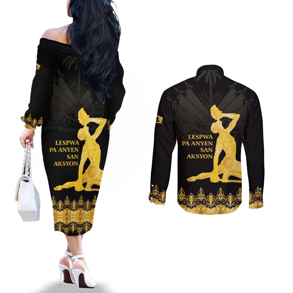 Haiti Neg Marron Gold Couples Matching Off The Shoulder Long Sleeve Dress and Long Sleeve Button Shirt Lespwa pa anyen san aksyon LT01 - Polynesian Pride