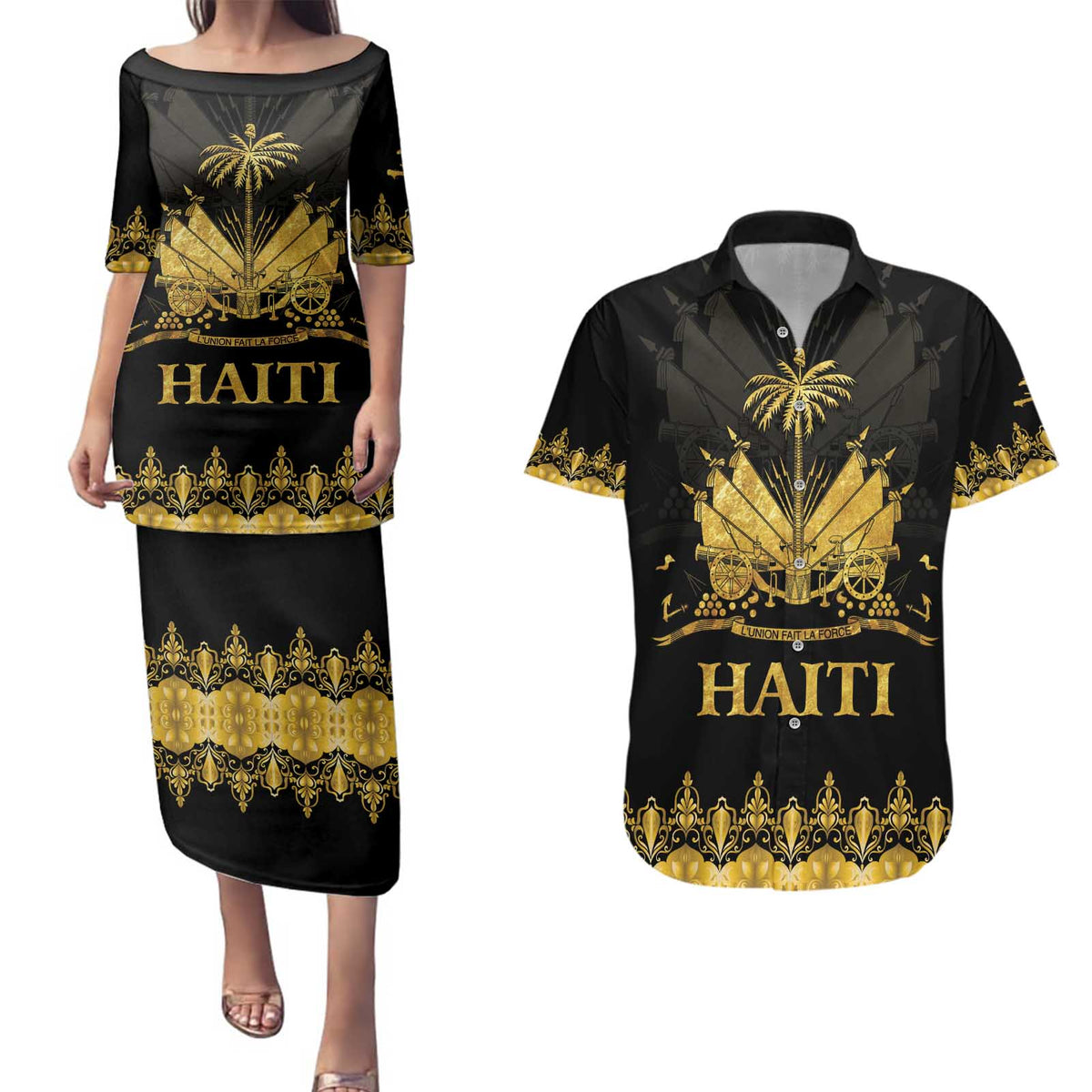 Haiti Neg Marron Gold Couples Matching Puletasi and Hawaiian Shirt Lespwa pa anyen san aksyon LT01 Gold - Polynesian Pride