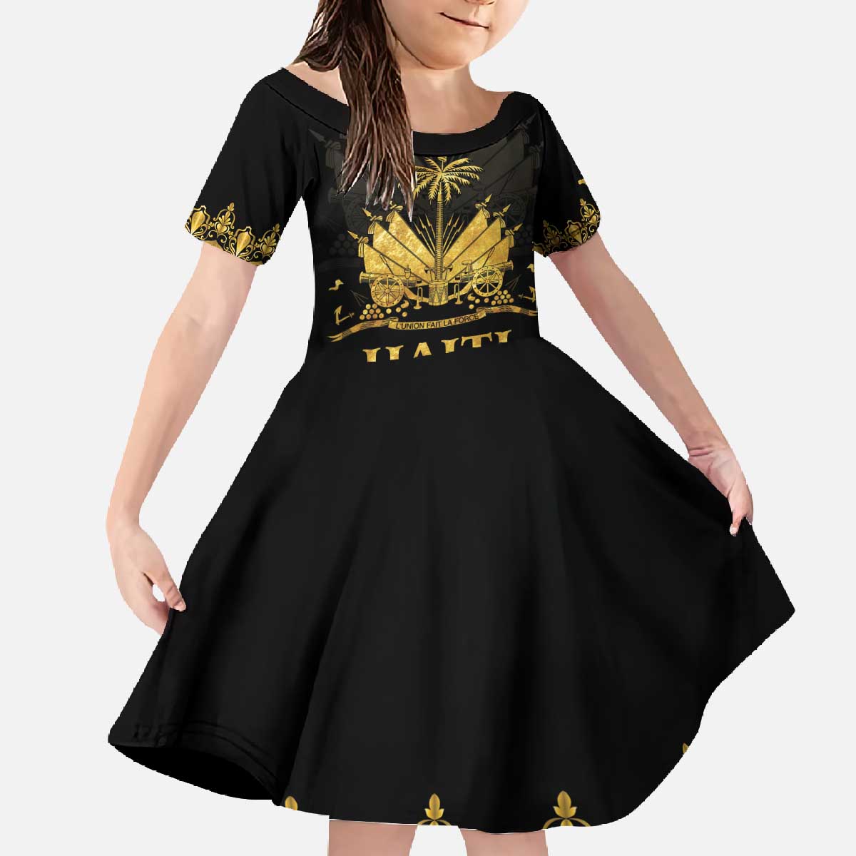 Haiti Neg Marron Gold Family Matching Off The Shoulder Long Sleeve Dress and Hawaiian Shirt Lespwa pa anyen san aksyon LT01 Daughter's Dress Gold - Polynesian Pride
