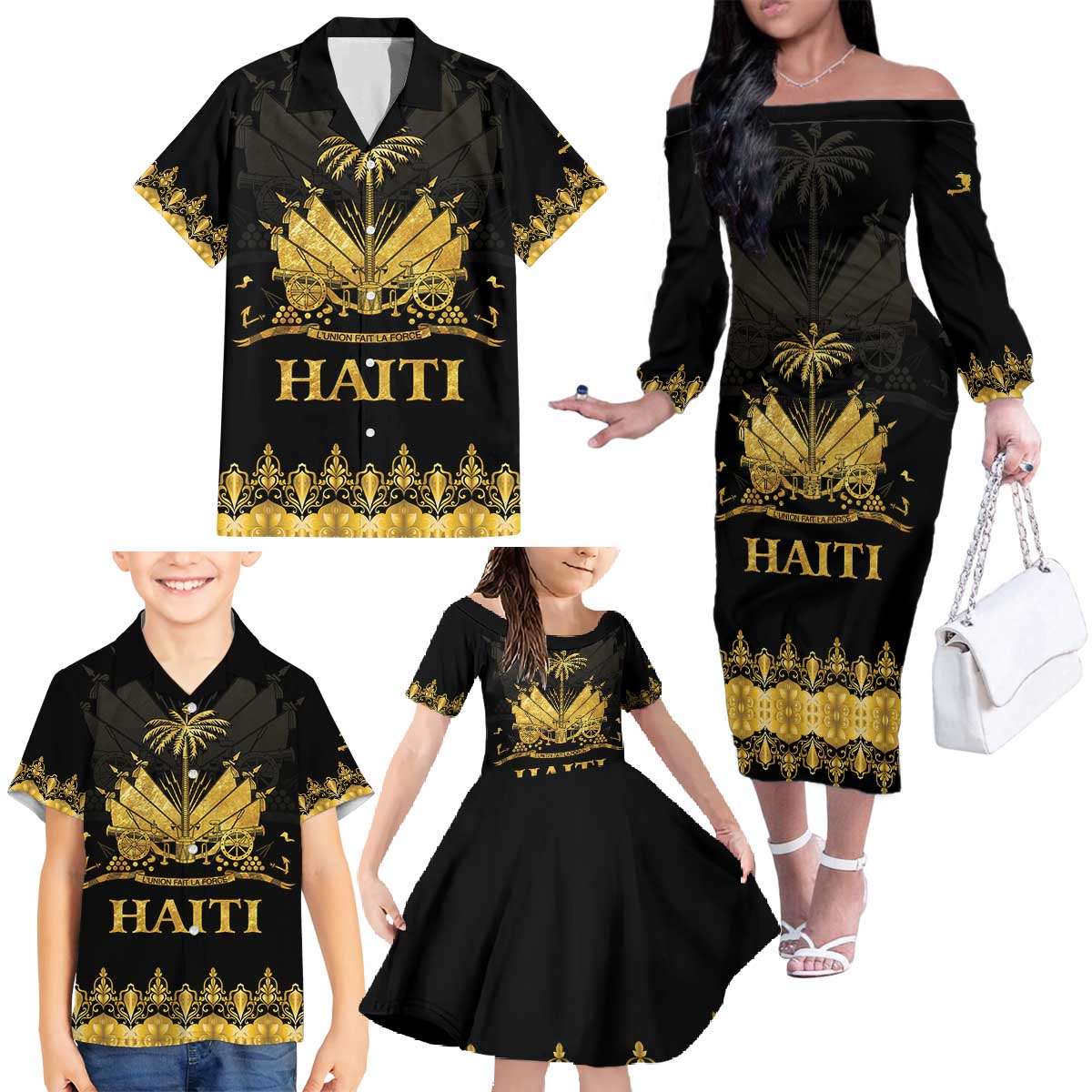 Haiti Neg Marron Gold Family Matching Off The Shoulder Long Sleeve Dress and Hawaiian Shirt Lespwa pa anyen san aksyon LT01 - Polynesian Pride