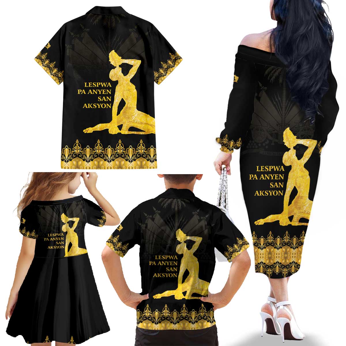 Haiti Neg Marron Gold Family Matching Off The Shoulder Long Sleeve Dress and Hawaiian Shirt Lespwa pa anyen san aksyon LT01 - Polynesian Pride