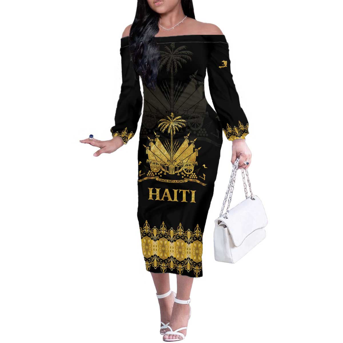 Haiti Neg Marron Gold Family Matching Off The Shoulder Long Sleeve Dress and Hawaiian Shirt Lespwa pa anyen san aksyon LT01 Mom's Dress Gold - Polynesian Pride