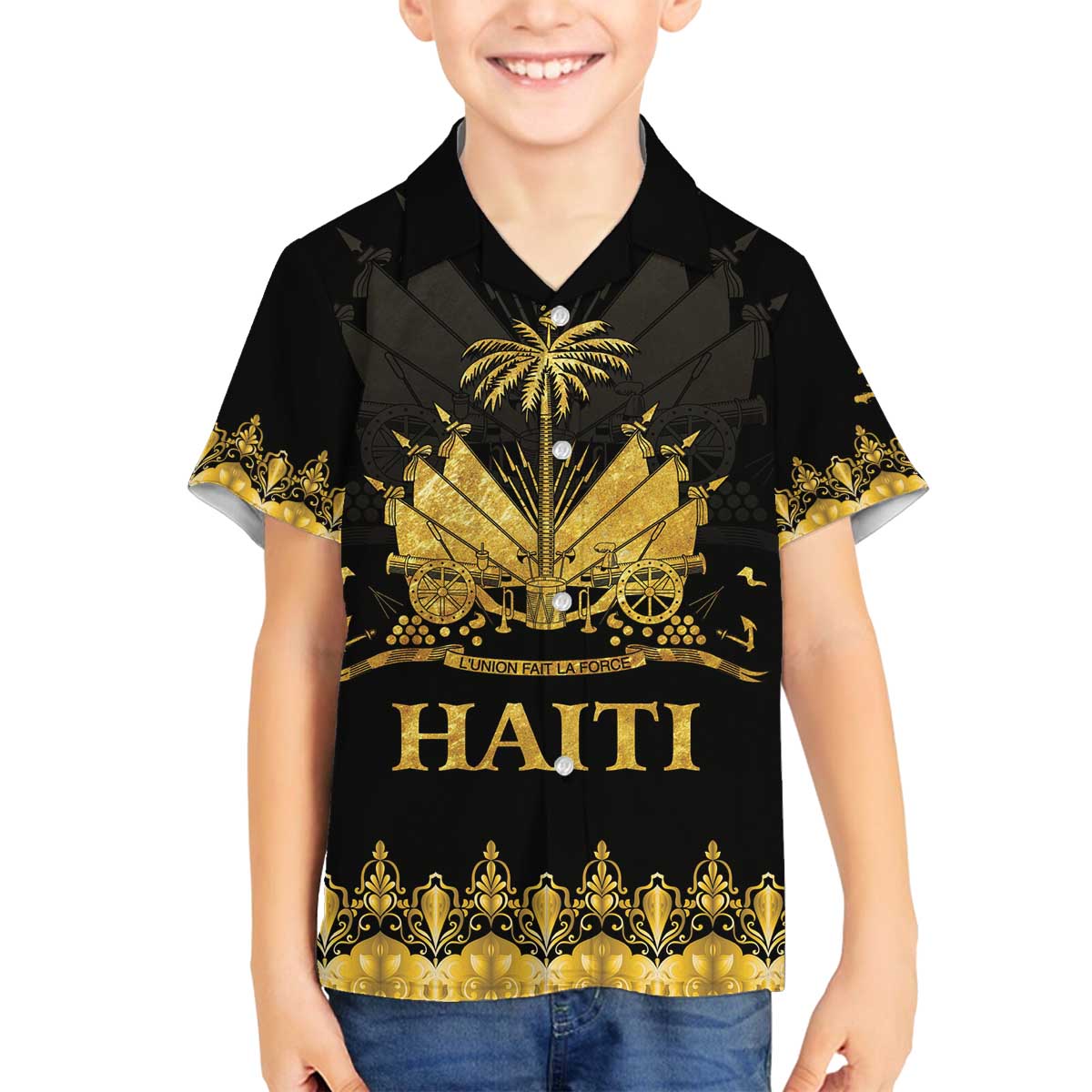 Haiti Neg Marron Gold Family Matching Off The Shoulder Long Sleeve Dress and Hawaiian Shirt Lespwa pa anyen san aksyon LT01 Son's Shirt Gold - Polynesian Pride