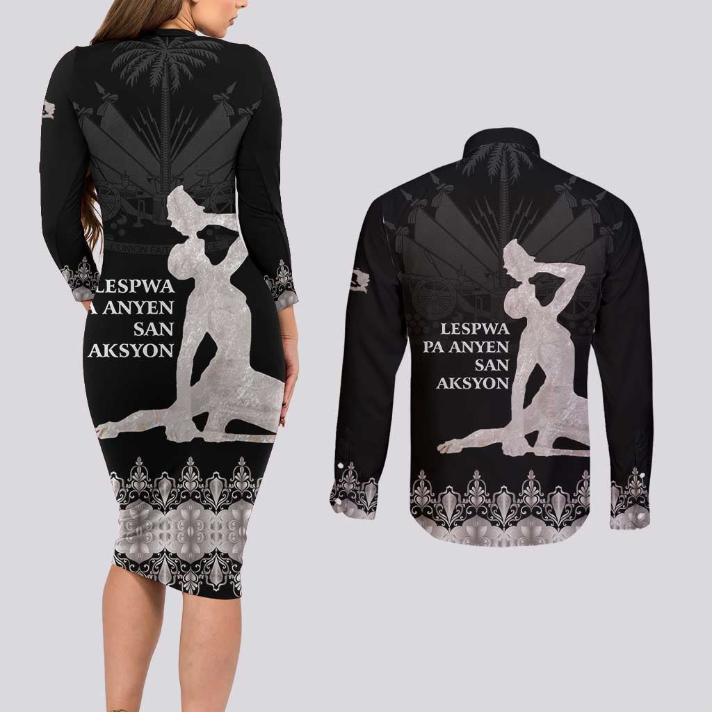 Haiti Neg Marron Silver Couples Matching Long Sleeve Bodycon Dress and Long Sleeve Button Shirt Hope is Nothing Without Action